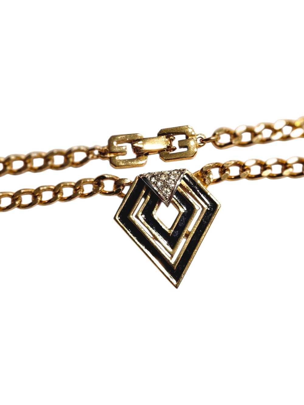 1979 Givenchy Vintage Gold Chain Choker Necklace Black Enamel Crystal Pendant - Picture 8 of 16
